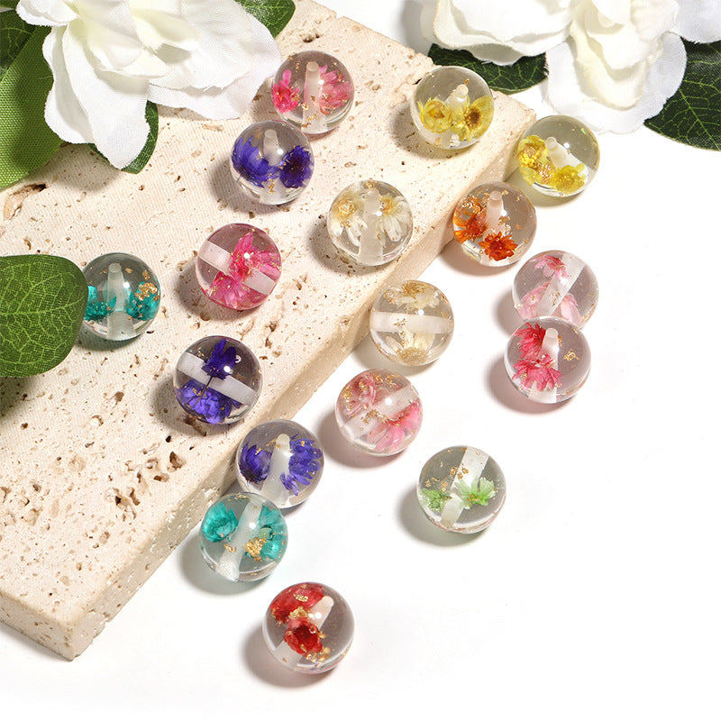 Wholesale 50pcs natural dried flower resin round beads transparent gold foil beaded diy mobile phone chain key chain accessories beads loose beads